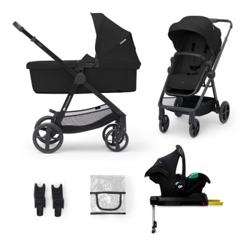 KINDERKRAFT - Kombinētie ratiņi 4v1 NEWLY Klasiska melna + autokrēsls MINK PRO ar pamatni ISOFIX