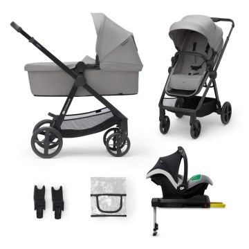 KINDERKRAFT - Kombinētie ratiņi 4v1 NEWLY Klasiska pelēka + autokrēsls MINK PRO ar pamatni ISOFIX