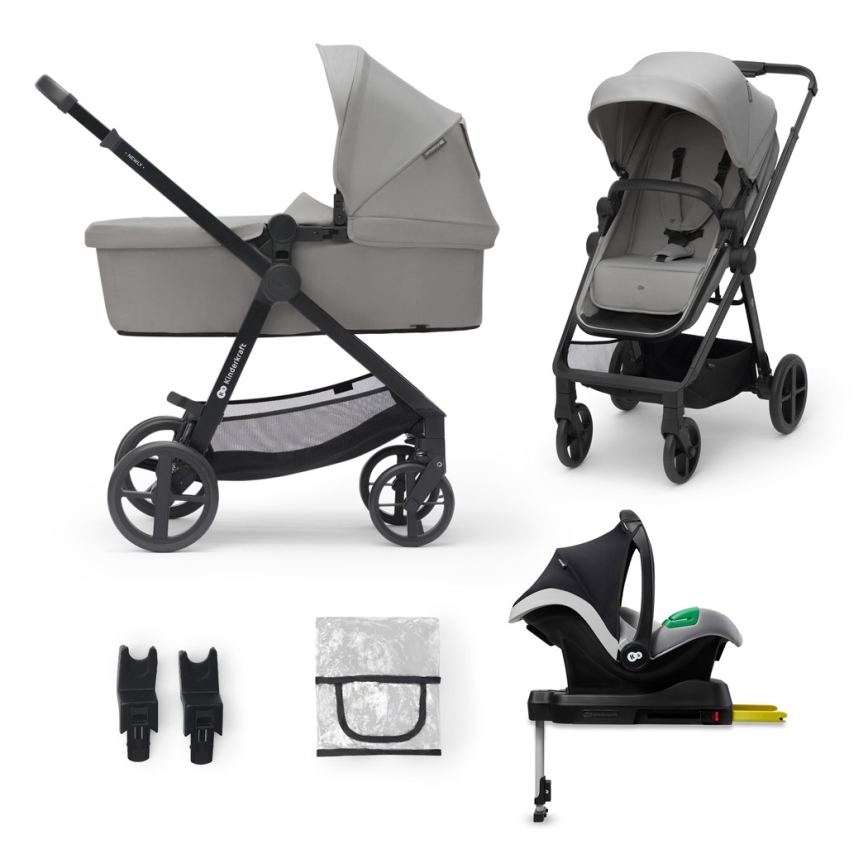 KINDERKRAFT - Kombinēts ratiņu komplekts 4in1 NEWLY Classic pelēks + MINK PRO autokrēsls ar ISOFIX bāzi
