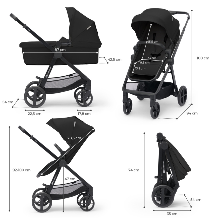 KINDERKRAFT - Kombinēts ratiņu komplekts 4in1 NEWLY Classic melns + MINK PRO auto sēdeklis ar ISOFIX bāzi
