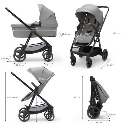 KINDERKRAFT - Kombinēts ratiņu komplekts 4in1 NEWLY Classic pelēks + MINK PRO autokrēsls ar ISOFIX bāzi