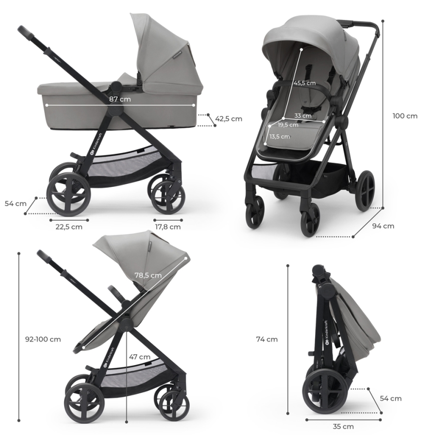 KINDERKRAFT - Kombinēts ratiņu komplekts 4in1 NEWLY Classic pelēks + MINK PRO autokrēsls ar ISOFIX bāzi