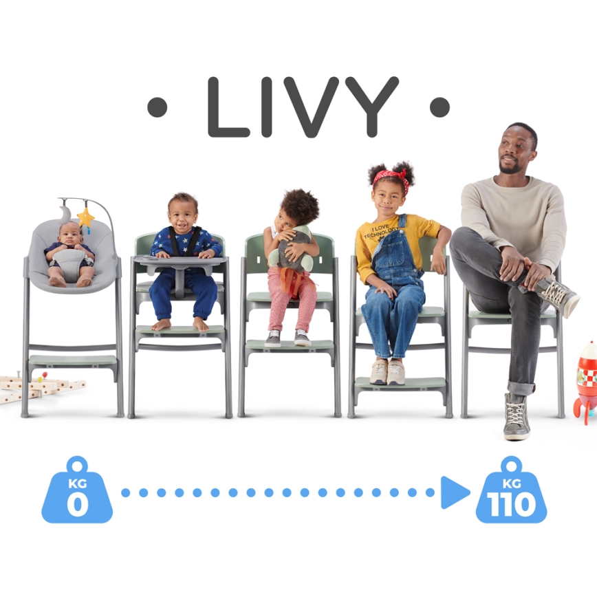 KINDERKRAFT SELECT - Bērnu barošanas krēsls 3in1 LIVY Premium Olive zaļa + atpūtas krēsls CALMEE