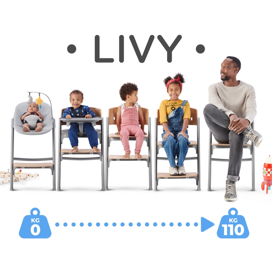 KINDERKRAFT SELECT - Bērnu ēdamkrēsls 3 vienā LIVY Premium ozolkoka + atpūtas krēsls CALMEE