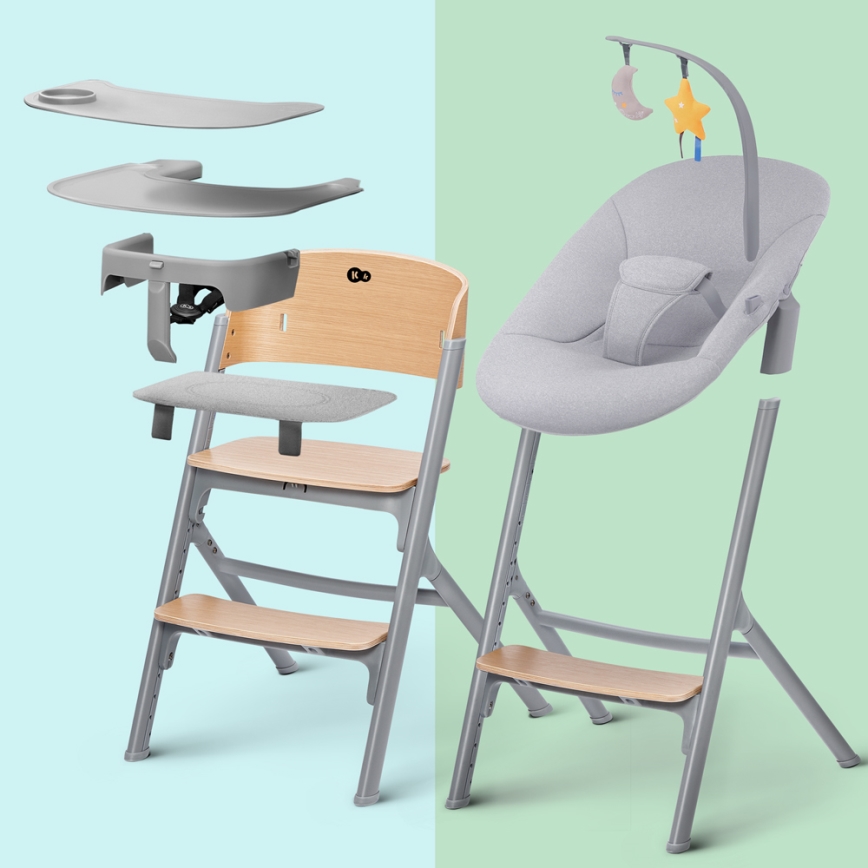 KINDERKRAFT SELECT - Bērnu ēdamkrēsls 3in1 LIVY Premium ozols + atpūtas krēsls CALMEE