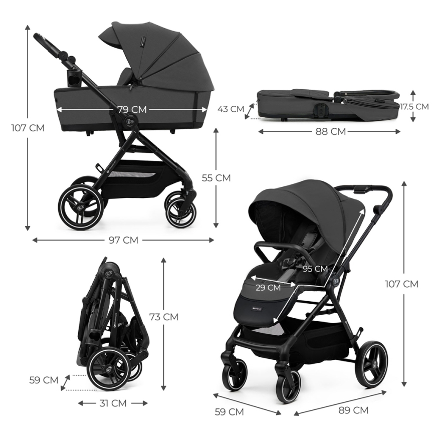 KINDERKRAFT SELECT - Kombinētie ratiņi 2in1 YOXI Moonlight pelēka
