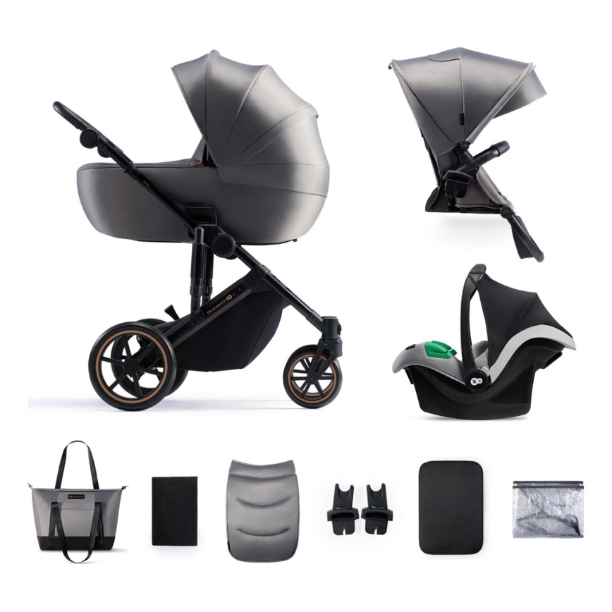 KINDERKRAFT SELECT - Kombinētie ratiņi 3in1 PRIME 2 Premium Shadow pelēka + autokrēsls