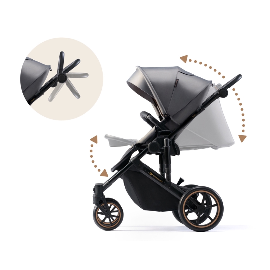 KINDERKRAFT SELECT - Kombinētie ratiņi 3in1 PRIME 2 Premium Shadow pelēka + autokrēsls