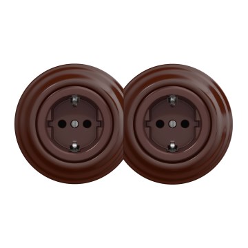 Kliklap - Divkārša retro sadzīves SCHUKO kontaktligzda ar rāmi, 230 V, brūna