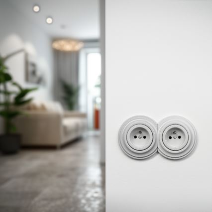 Kliklap - Dubultā retro mājas kontaktligzda ar rāmi, 230 V, no keramikas, balta