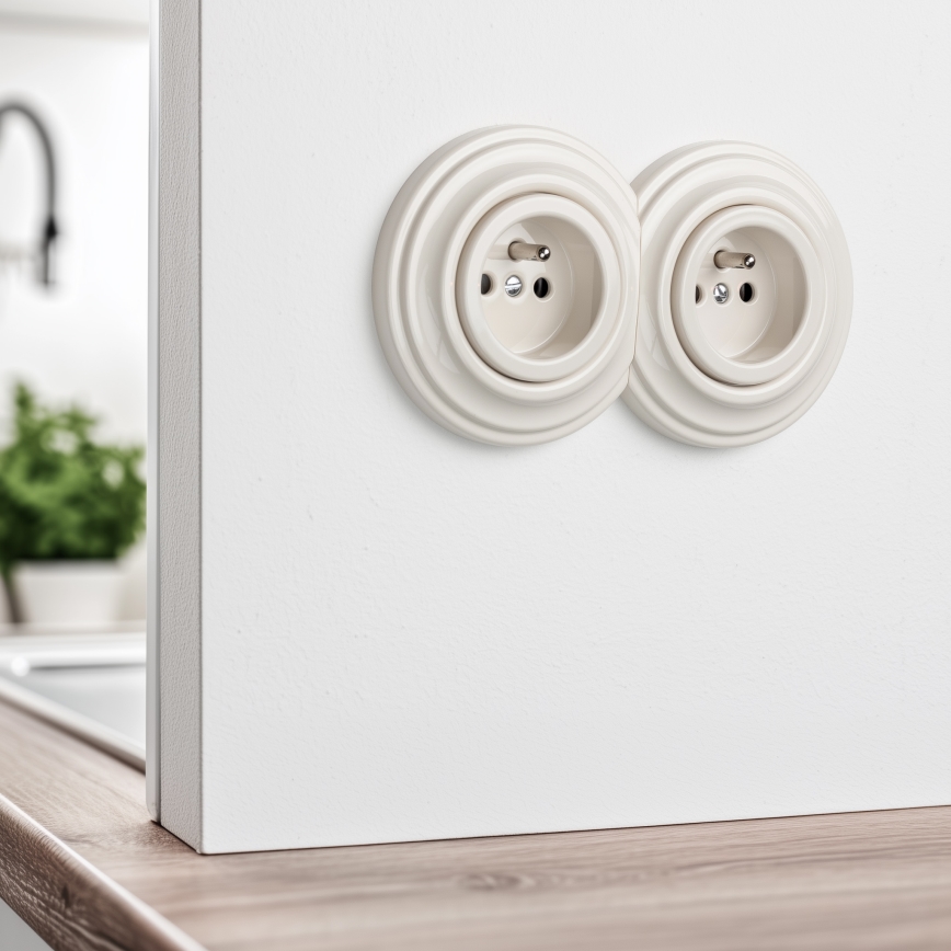 Kliklap - Dubulta retro mājas kontaktligzda ar rāmi 230V bēša