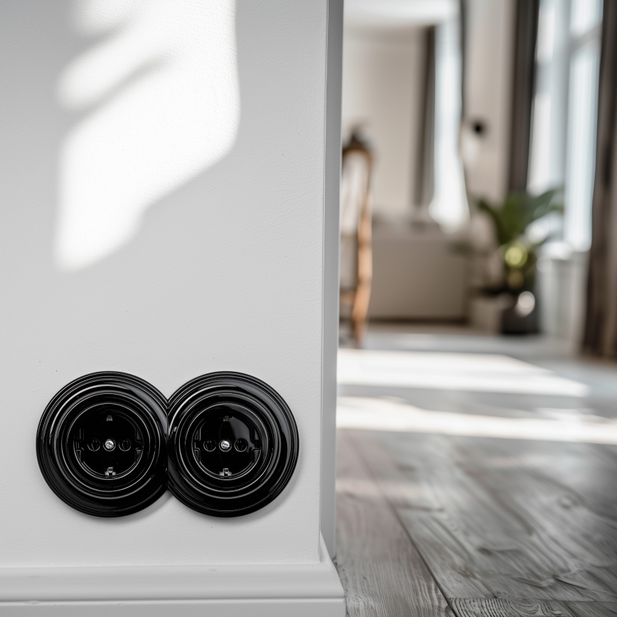Kliklap - Dubultā retro mājas kontaktligzda ar rāmi SCHUKO 230 V melna