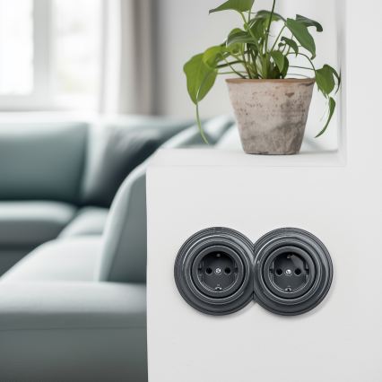 Kliklap - Dubultā retro mājas kontaktligzda ar rāmi SCHUKO 230V antracīta