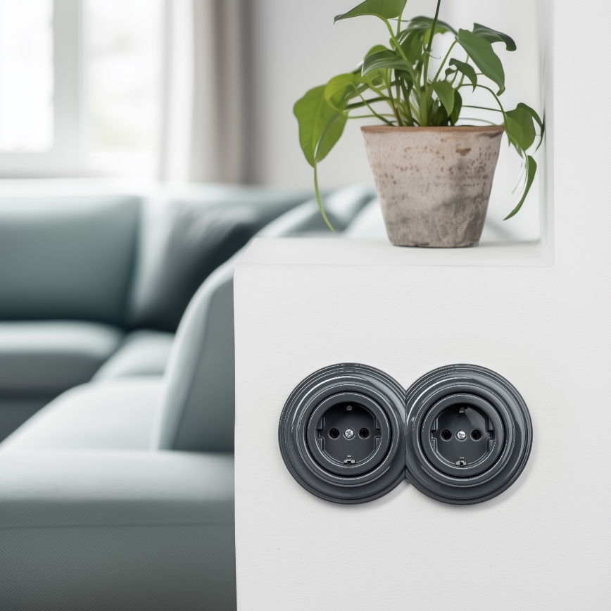 Kliklap - Dubultā retro mājas kontaktligzda ar rāmi SCHUKO 230V antracīta