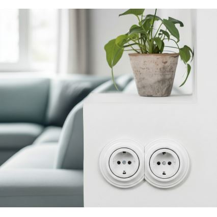Kliklap - Dubultā retro mājas kontaktligzda ar rāmīti SCHUKO 230V sniegbalta