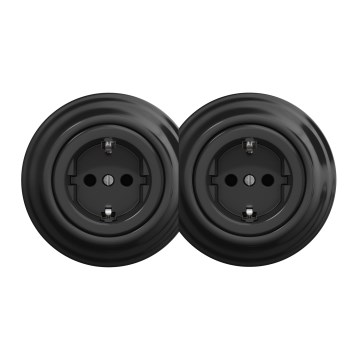 Kliklap - Dubulta retro mājas kontaktligzda ar SCHUKO rāmi, 230V, melna