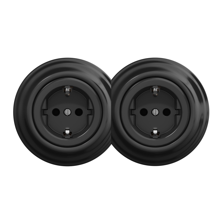 Kliklap - Dubulta retro mājas kontaktligzda ar SCHUKO rāmi, 230V, melna