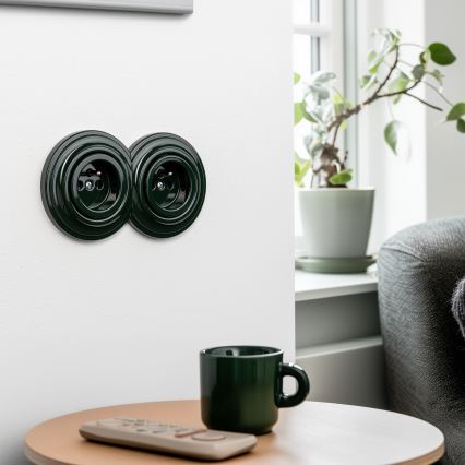 Kliklap - Dubultā retro sienas kontaktligzda ar rāmīti 230V zaļa