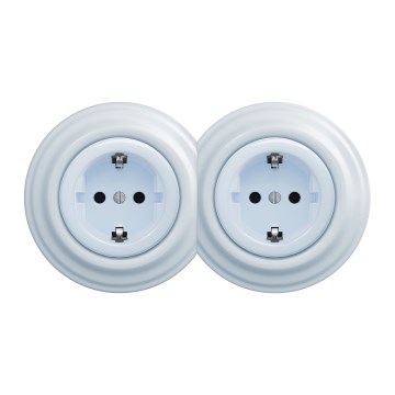 Kliklap - Dubulta retro sienas kontaktligzda ar SCHUKO rāmi, 230 V, zila