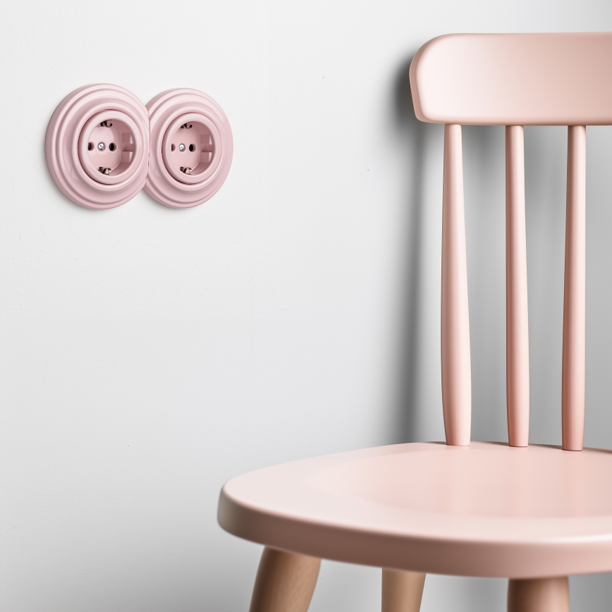 Kliklap - Dubulta retro sienas rozete ar rāmīti SCHUKO 230V/16A antīkā rozā