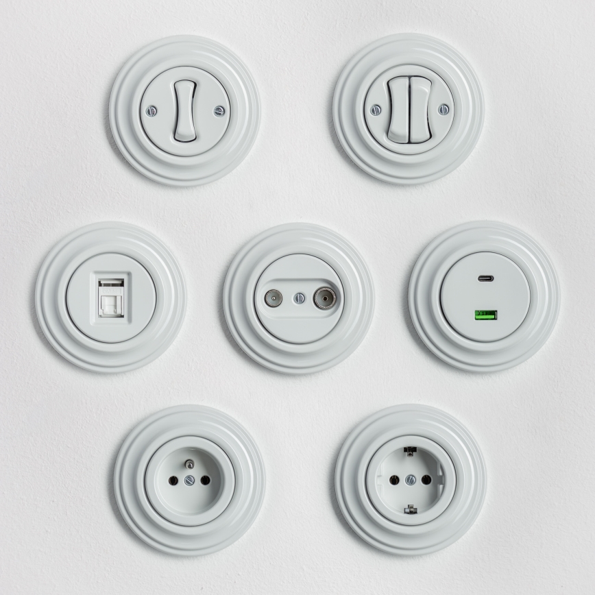 Kliklap - Retro abonenta rozete TV+R (caurlaide) ar keramisku rāmi, balta