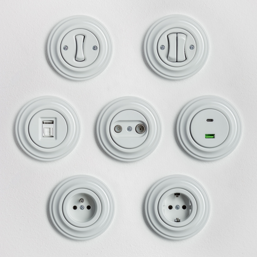 Kliklap - Retro dubultais kāpņu slēdzis ar rāmi Nr. 6+6, keramikas balts