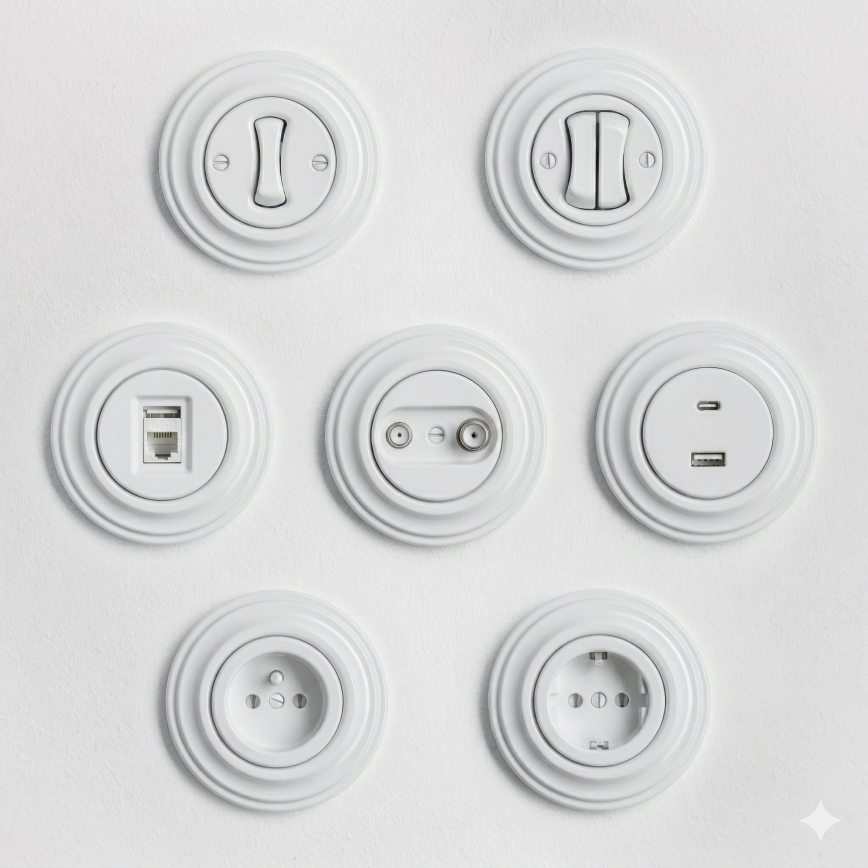 Kliklap - Retro mājas kontaktligzda ar SCHUKO rāmi 230V/16A sniegbalta