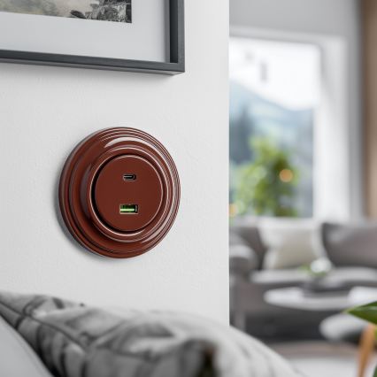 Kliklap - Retro USB kontaktligzda A+C ar brūnu rāmi