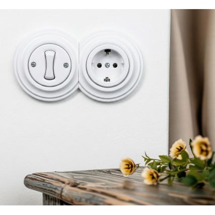 Kliklap - Retro vienpolu slēdzis Nr. 1 un SCHUKO 230V kontaktligzda ar rāmi, sniegbalta