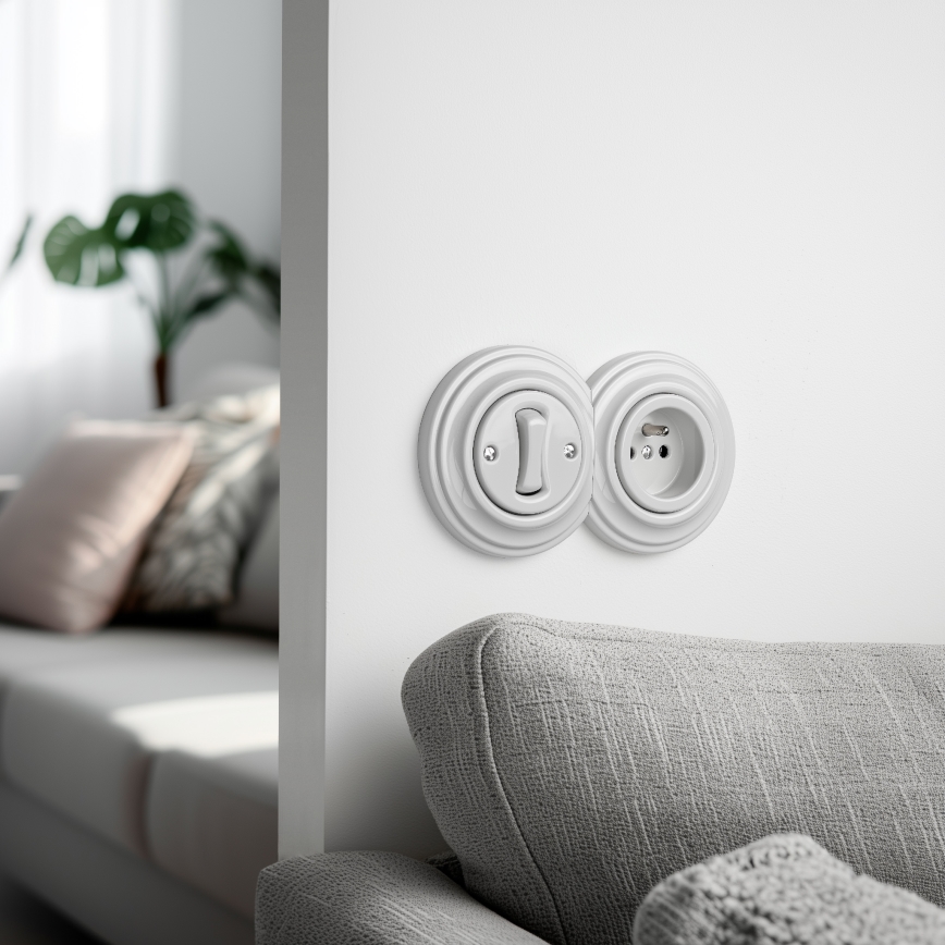 Kliklap - Retro vienpolu slēdzis Nr. 1 un 230 V kontaktligzda ar keramisku balto rāmi