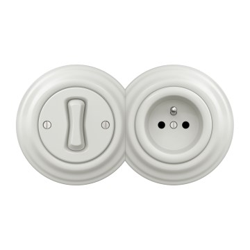 Kliklap - Retro vienpolu slēdzis Nr. 1 un 230 V kontaktligzda ar rāmi, baltā krāsā