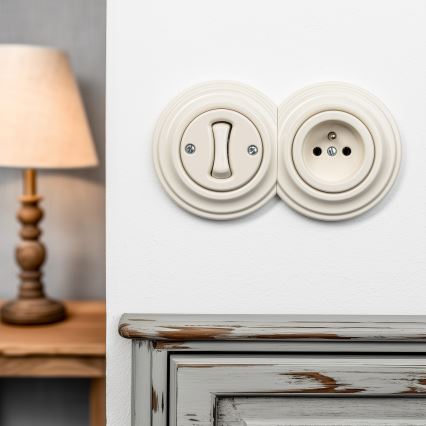 Kliklap - retro vienpolu slēdzis Nr. 1 un 230 V kontaktligzda ar rāmi, bēšā krāsā