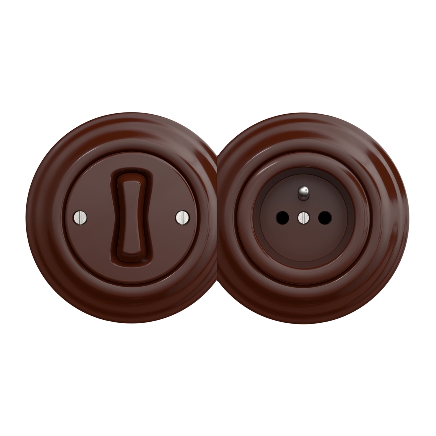 Kliklap - Retro vienpolu slēdzis Nr. 1 un 230 V rozete ar rāmi, brūna