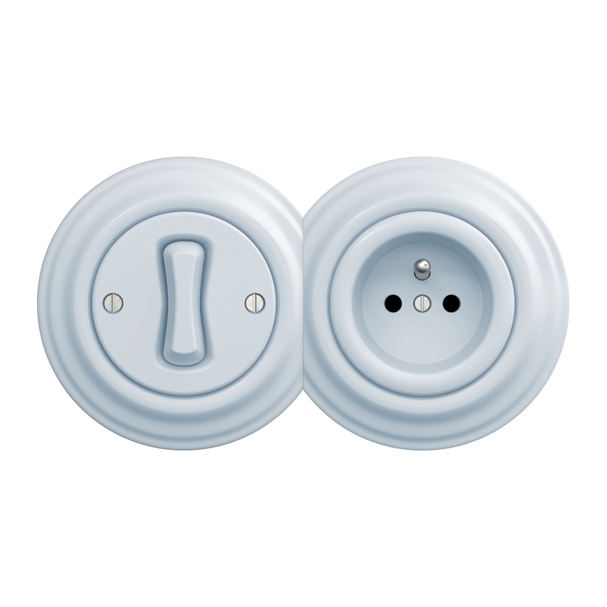 Kliklap - Retro vienpolu slēdzis Nr. 1 un 230V kontaktligzda ar zilu rāmi