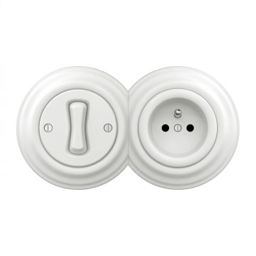 Kliklap - Retro vienpolu slēdzis Nr. 1 un 230V rozete ar sniegbaltu rāmi