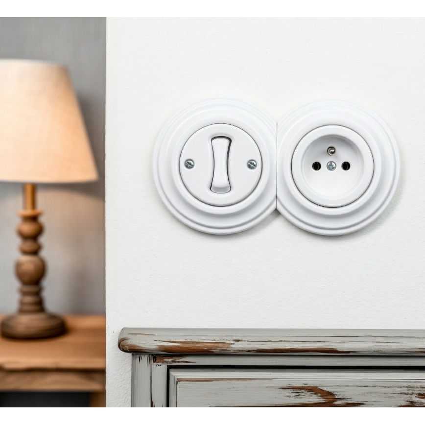 Kliklap - Retro vienpolu slēdzis Nr. 1 un 230V rozete ar sniegbaltu rāmi