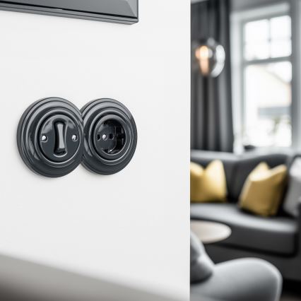 Kliklap - Retro vienpolu slēdzis Nr. 1 un SCHUKO kontaktligzda 230 V ar antracīta krāsas rāmi