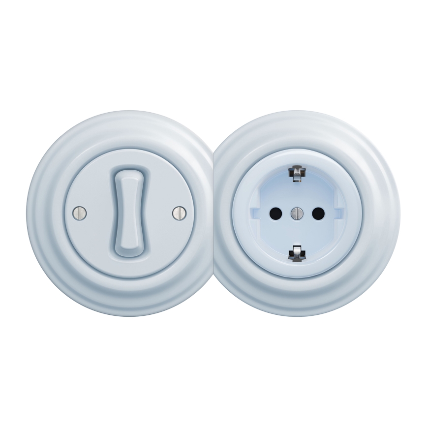 Kliklap - retro vienpolu slēdzis Nr. 1 un SCHUKO 230 V kontaktligzda ar rāmīti, zilā krāsā