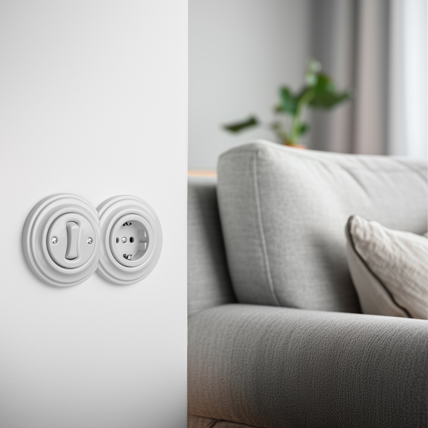 Kliklap - Retro vienpolu slēdzis Nr. 1 un SCHUKO 230V kontaktligzda ar baltu keramikas rāmi