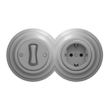 Kliklap - Retro vienpolu slēdzis nr. 1 un SCHUKO 230V kontaktligzda ar rāmi, pelēka