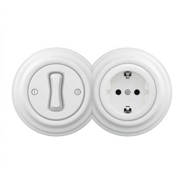 Kliklap - Retro vienpolu slēdzis Nr. 1 un SCHUKO 230V kontaktligzda ar rāmi, sniegbalta