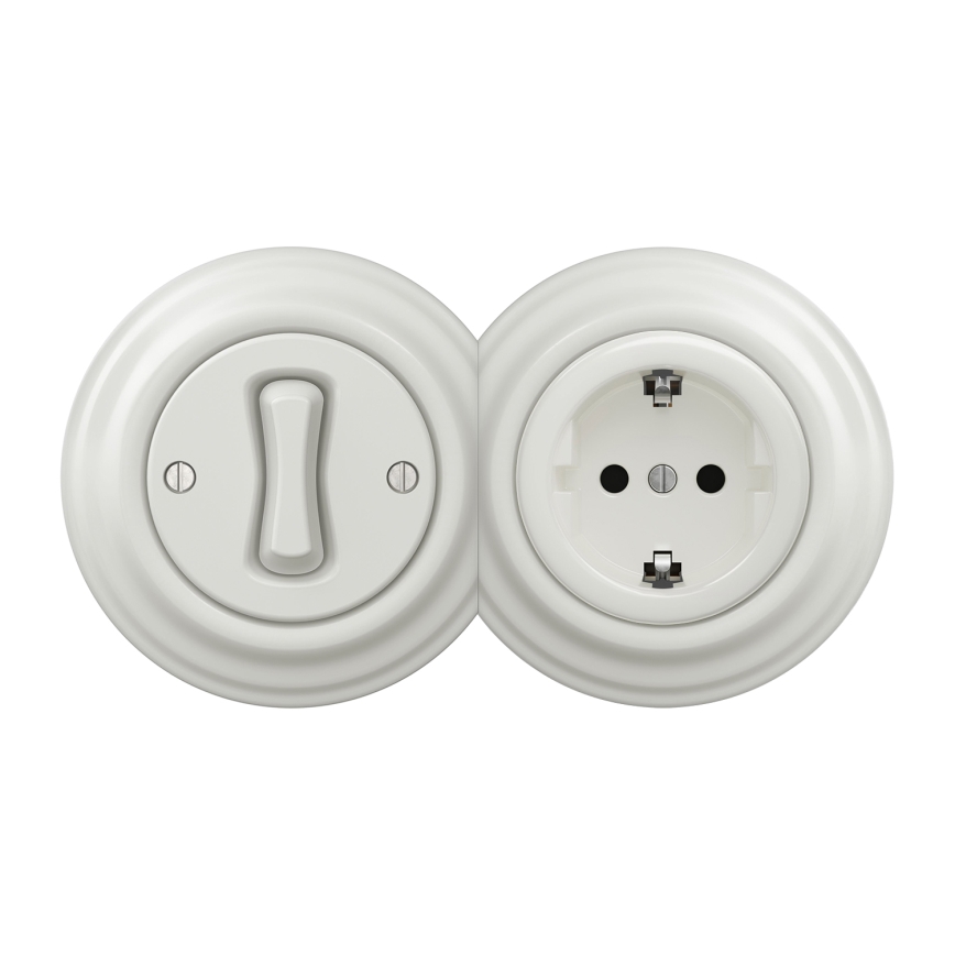 Kliklap - Retro vienpolu slēdzis Nr. 1 un SCHUKO 230V rozete ar rāmi, balta