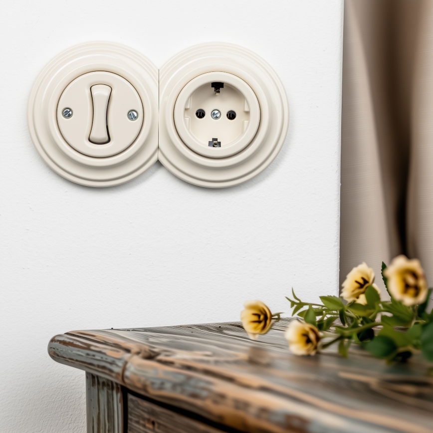 Kliklap - retro vienpolu slēdzis Nr. 1 un SCHUKO kontaktligzda 230 V ar bēšu rāmīti