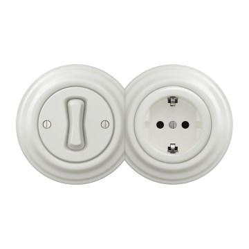 Kliklap - Retro vienpolu slēdzis Nr. 1 un SCHUKO kontaktligzda 230 V ar rāmi, balta