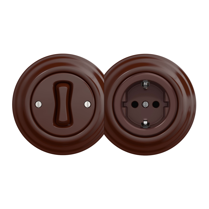 Kliklap - Retro vienpolu slēdzis Nr. 1 un SCHUKO kontaktligzda 230 V ar rāmi, brūnā krāsā
