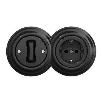 Kliklap - retro vienpolu slēdzis Nr. 1 un SCHUKO kontaktligzda 230 V ar rāmi, melna