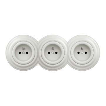 Kliklap - Trīskārša retro mājas kontaktligzda ar rāmi, 230 V, no keramikas, balta
