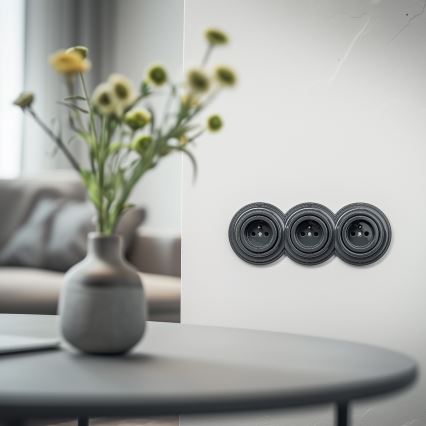 Kliklap - trīskārša retro mājas kontaktligzda ar rāmi, 230V, antracīta krāsa