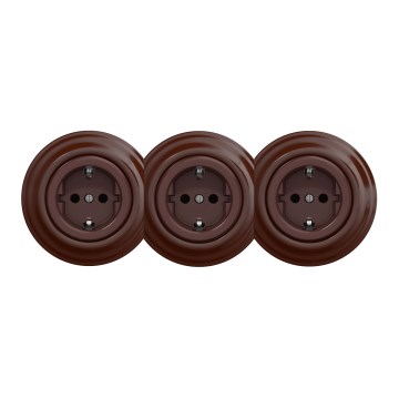Kliklap - Trīskārša retro mājas kontaktligzda ar rāmīti SCHUKO 230V brūna