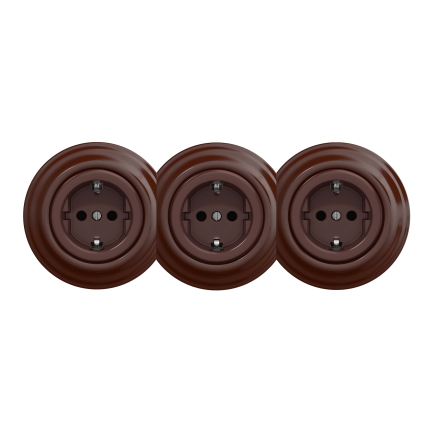 Kliklap - trīskārša retro mājas kontaktligzda ar SCHUKO rāmīti, 230 V, brūna